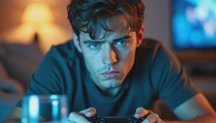 Owen on the couch with a controller in hand, a slight frown of impatience as he plays through a padded section of an indie game.