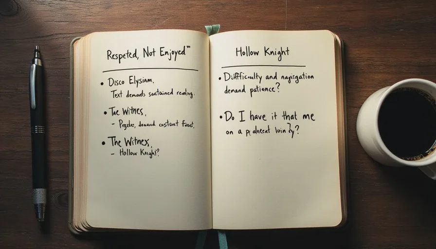 Owen's list of games he respects but didn't enjoy A handwritten notebook page listing three acclaimed games—Disco Elysium, The Witness, Hollow Knight—each marked "Respected, not enjoyed," with the question "What does it ask from me?" written beneath.