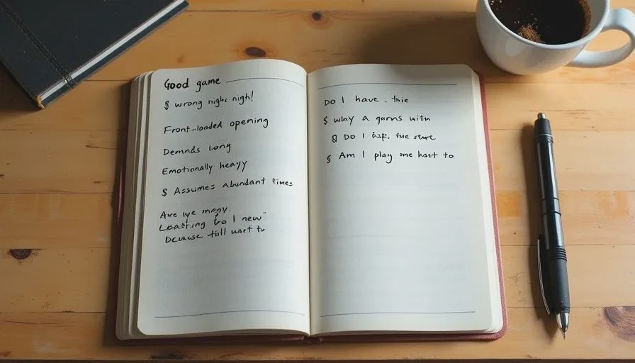 Owen's notes on spotting a game that won't work on a Tuesday night A handwritten notebook page with the phrase "Good game, wrong night" and a short list of weeknight danger signs for game selection.