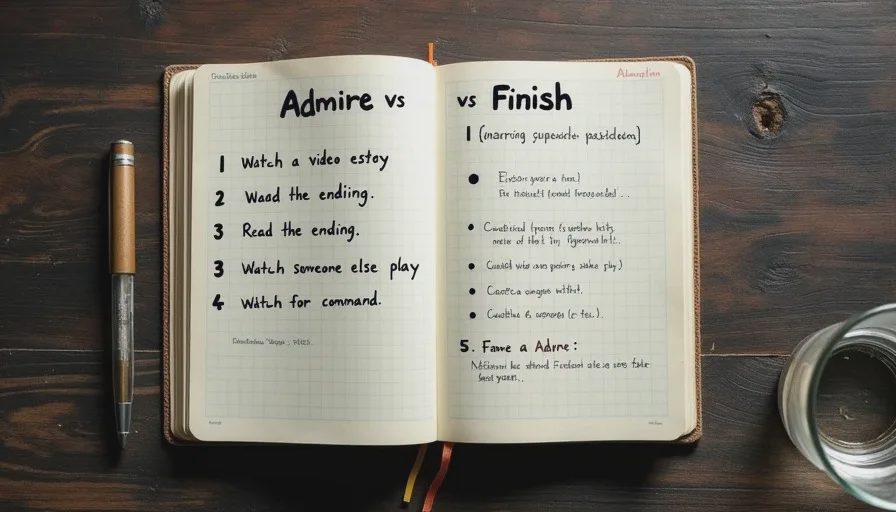 Owen's notes on admiring games without finishing them A handwritten notebook page titled "Admire vs Finish" with a list of ways to engage with games without completing them, including watch, read the ending, and play in someone else's hands.