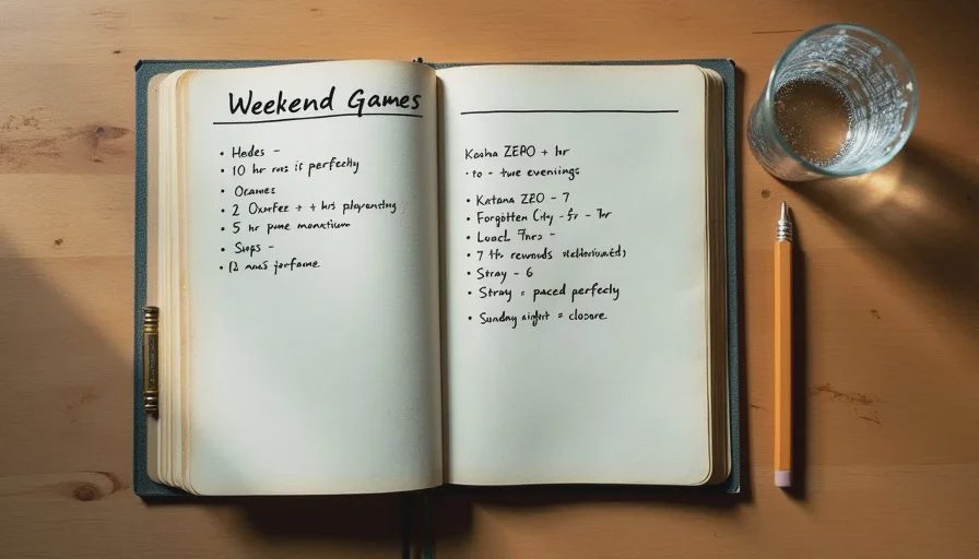 Owen's notes on games that fit a single weekend A handwritten list of weekend-sized indie games with titles and time estimates, including Hades, Oxenfree, Katana ZERO, The Forgotten City, and Stray.