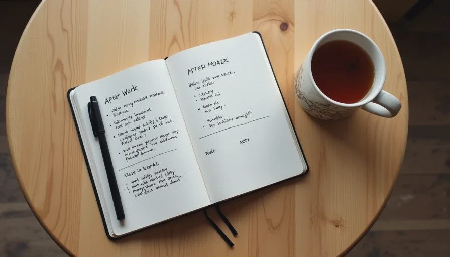 Owen's notes on what makes a game actually help after work A handwritten notebook page with a list of qualities that make a game good for after-work decompression, including "shifts my mood," "gives order," and "honest design."