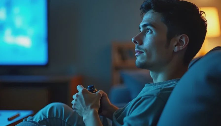The quiet moment after a complete short game Owen Parker leans back on his couch with a controller in his lap, a quiet look of reflection on his face after finishing a short but emotionally complete game.