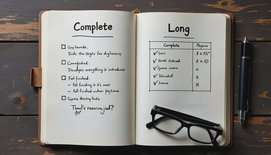 Owen's notes on what makes a short game feel complete A handwritten notebook page with notes about what makes short games feel complete, including a checklist with items like timing, development, and closure.
