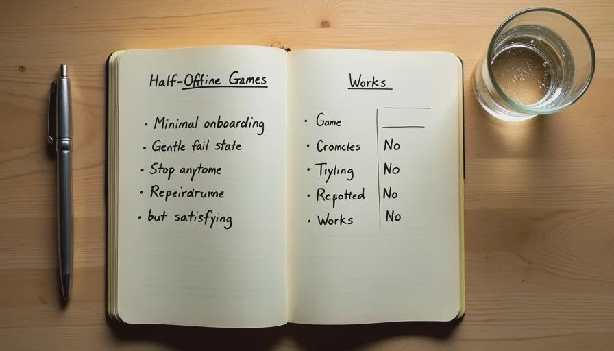 Owen's checklist for games that work when the brain is half offline A handwritten checklist for what makes a good half-offline game, with notes like minimal onboarding, gentle fail state, and stop anytime.