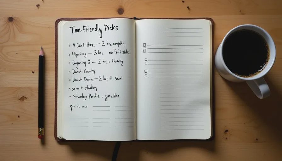 Five games that respect your time — Owen's handwritten notes A handwritten list of five indie game titles with notes on time-to-finish and why each game respects a busy adult's schedule, on a wooden coffee table.