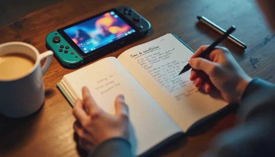 Owen reviewing a game with notes on time-to-satisfaction Close-up of Owen Parker's hands writing game notes at a desk with a handheld console, a coffee mug, and a notebook showing time-value filters for indie games.