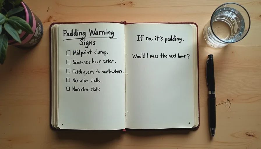A handwritten notebook page with a question "Has anything changed in the last hour?" and a short list of warning signs that a game is padding.