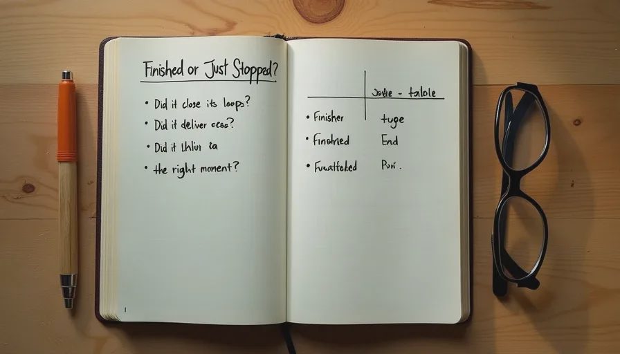 Owen's checklist for judging whether a game truly finished A handwritten notebook page with questions about game endings, including "Did it close its loops?" and "Did it deliver the emotional release?"