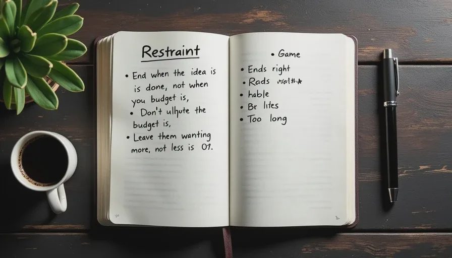 Owen's notes on games that end before they overstay their welcome A handwritten notebook page with notes about game pacing and restraint, including the phrase "End when the idea is done, not when the budget is."