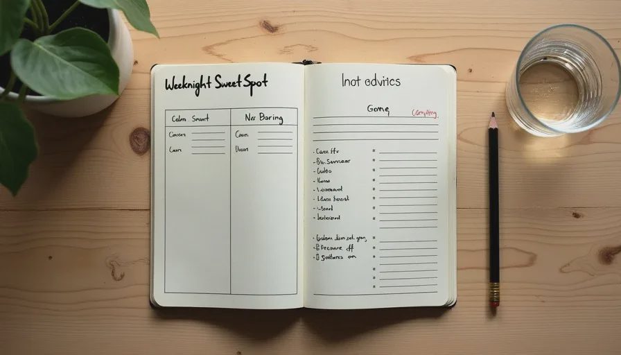 Owen's weeknight sweet spot checklist A handwritten notebook page titled "Weeknight Sweet Spot" with game titles and three columns labeled calm, smart, and not boring.