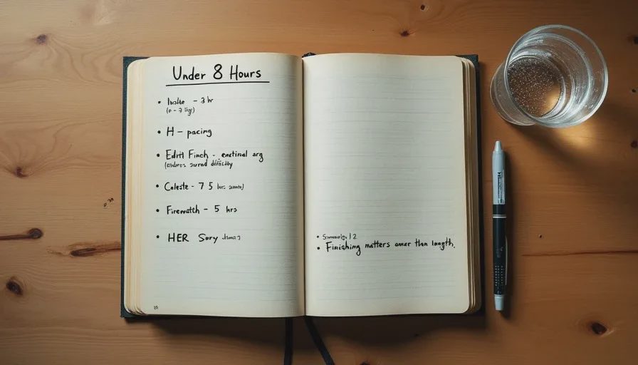 Owen's notes on short games that feel finished A handwritten list of five short indie games with notes on time to finish and why each one feels complete, on a wooden coffee table.