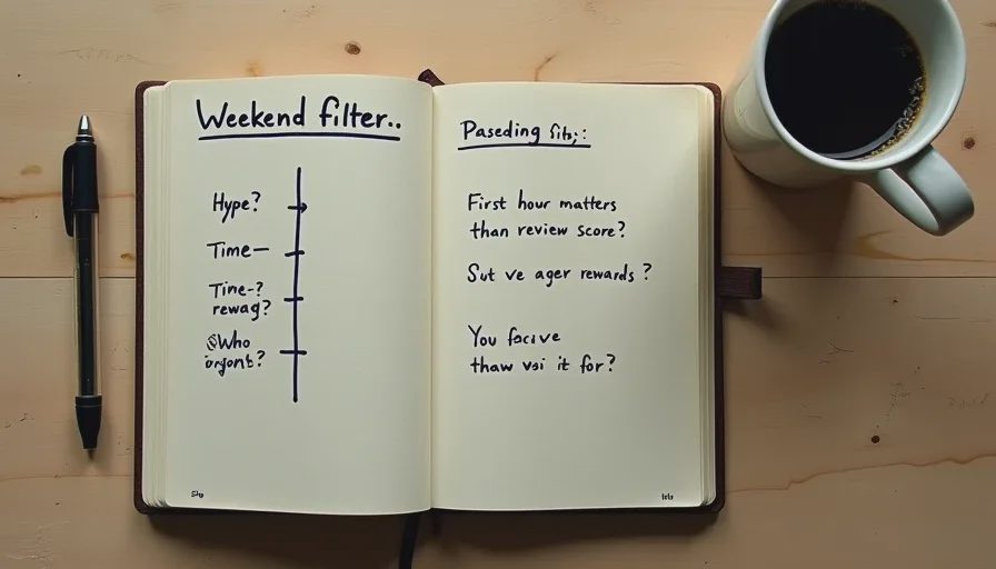 The weekend decision filter — notes from Owen's gaming notebook A close-up of a handwritten notebook page with a decision flow for weekend gaming: hype, time-to-reward, pace, and who the game is for.