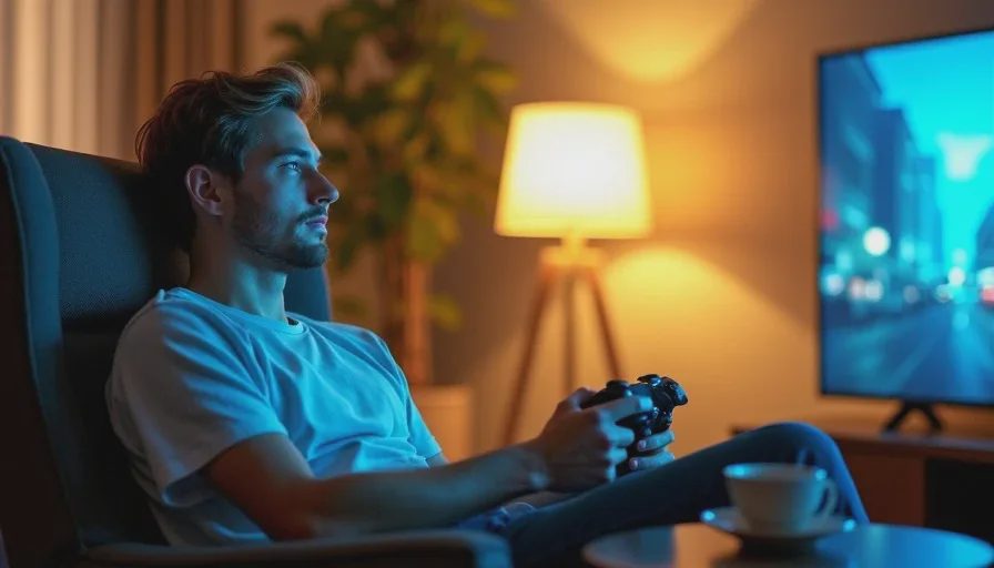 Owen mid-session, letting the workday fall away Owen sits comfortably in an armchair with a controller, evening light from a window and a warm lamp creating a calm, decompressing atmosphere.
