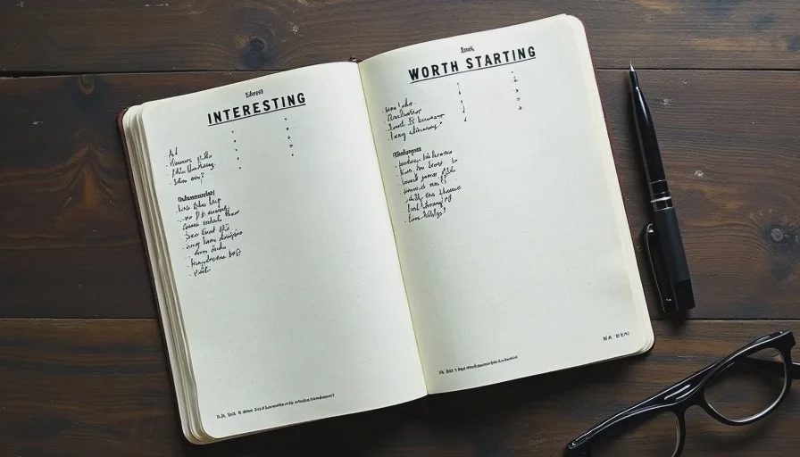 Owen's checklist for separating interesting games from worth-starting games A notebook page with a handwritten checklist comparing "interesting" and "worth starting," with questions about the first hour and who the game is for.
