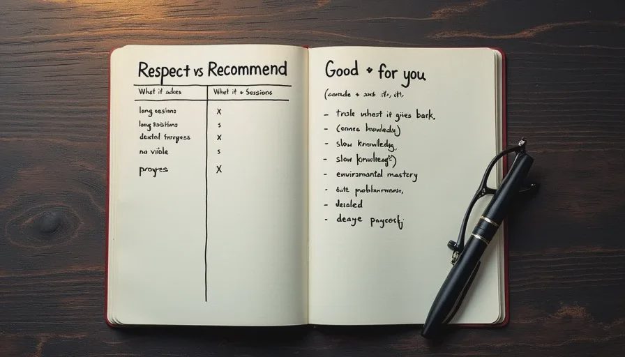 Owen's framework for separating respect from recommendation A handwritten notebook page titled "Respect vs Recommend" with two columns comparing what a game asks from the player and what it gives back.