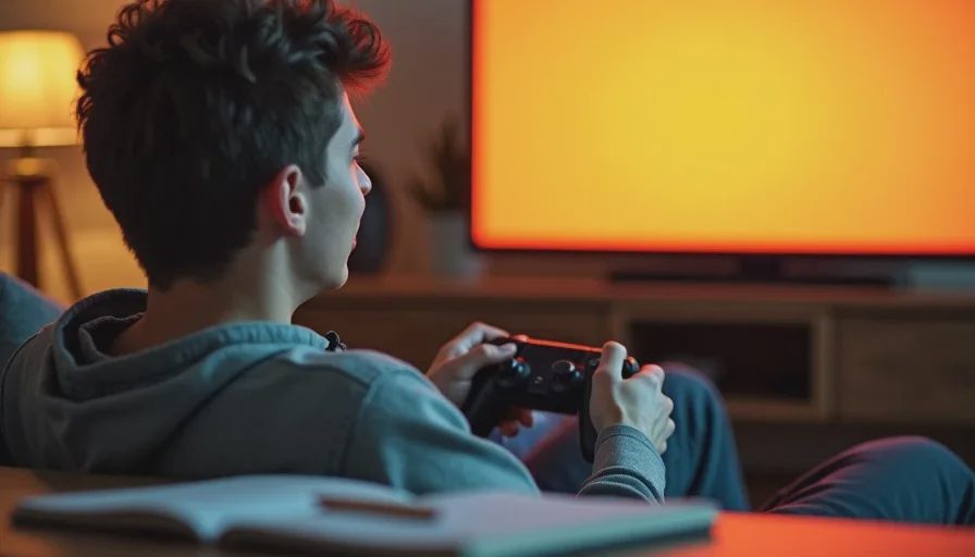 Owen at the ending of a game that never overstayed its welcome Owen sits on a couch with a satisfied expression, watching the final moments of a well-paced indie game, controller in hand and notebook open beside him.