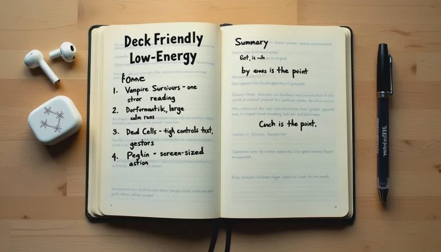 Owen's notes on Steam Deck games for low-energy evenings A handwritten list of Steam Deck-friendly indie games for low-energy nights, with short notes about readability and session length for each game.