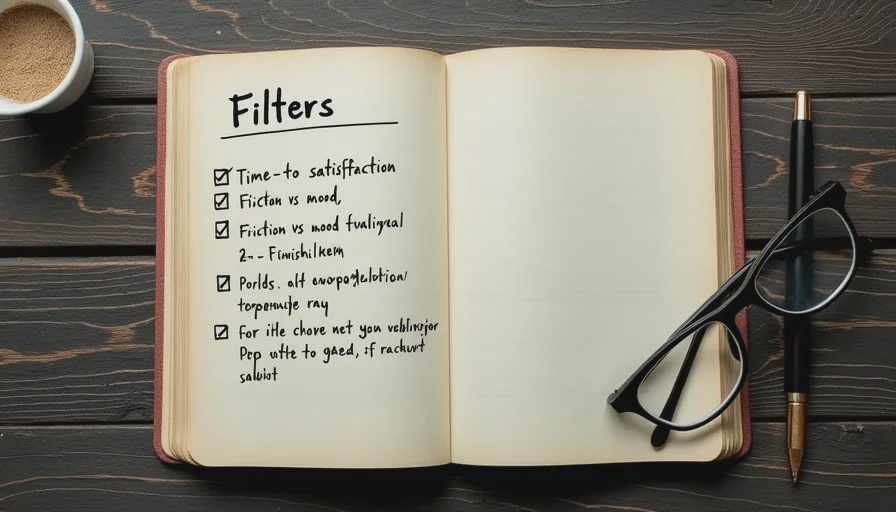 The filters Worth Your Night uses to judge indie games A page of handwritten notes listing game filters like time-to-satisfaction, friction versus mood, and finishability, next to reading glasses and a fountain pen.