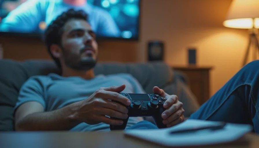 Owen deciding to admire a game without finishing it Owen on the couch with a controller, looking at an acclaimed game with a thoughtful, evaluative expression, as if deciding whether to play on or admire from afar.