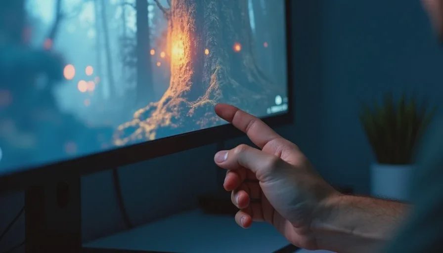 Closing a beautiful game that isn't earning the player's time A close-up of a computer screen showing a beautiful indie game scene, with a hand hovering near the close button, about to quit despite the visuals.