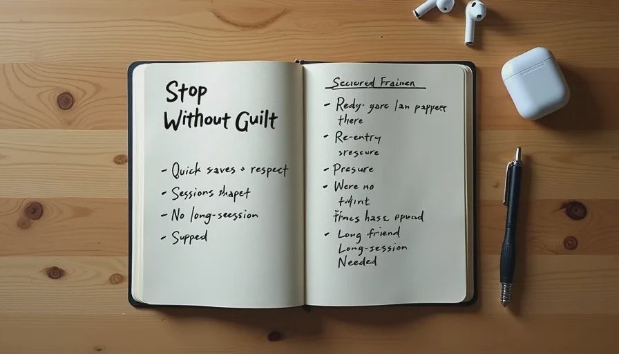 Owen's notes on games that respect short sessions A handwritten notebook page titled "Stop Without Guilt" with game titles and notes about quick saves, session structure, and re-entry support.