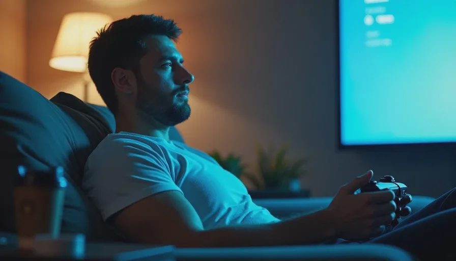 Owen experiencing weeknight friction with an acclaimed game Owen sits on his couch on a Tuesday night, holding a controller loosely, a slightly weary expression on his face as he plays a critically loved game that doesn't fit the evening.