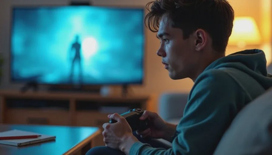 Owen watching a game's ending, assessing whether it truly finished Owen leans forward on his couch with a controller, watching the ending sequence of a short indie game, his expression thoughtful and evaluative.