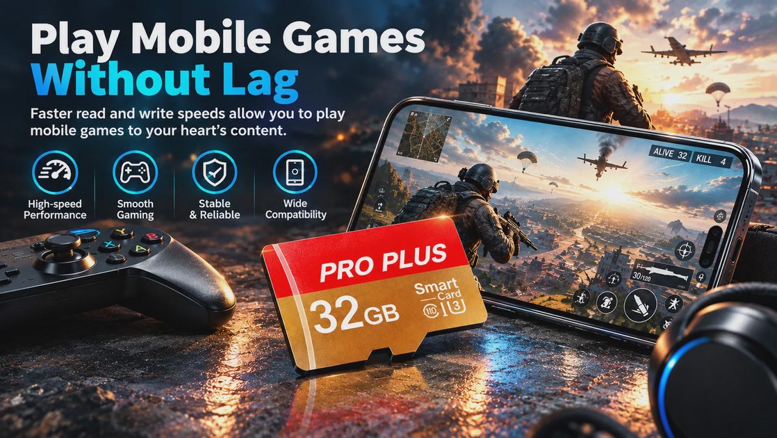 Play Mobile Games Without Lag PRO PLUS 32GB TF card for lag-free mobile gaming with phone, gamepad and headphones
