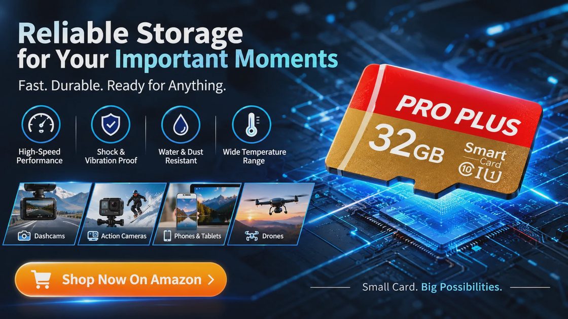 Reliable Storage CTA Banner Reliable storage CTA banner for the PRO PLUS 32GB TF card 2-pack with a Shop Now On Amazon button